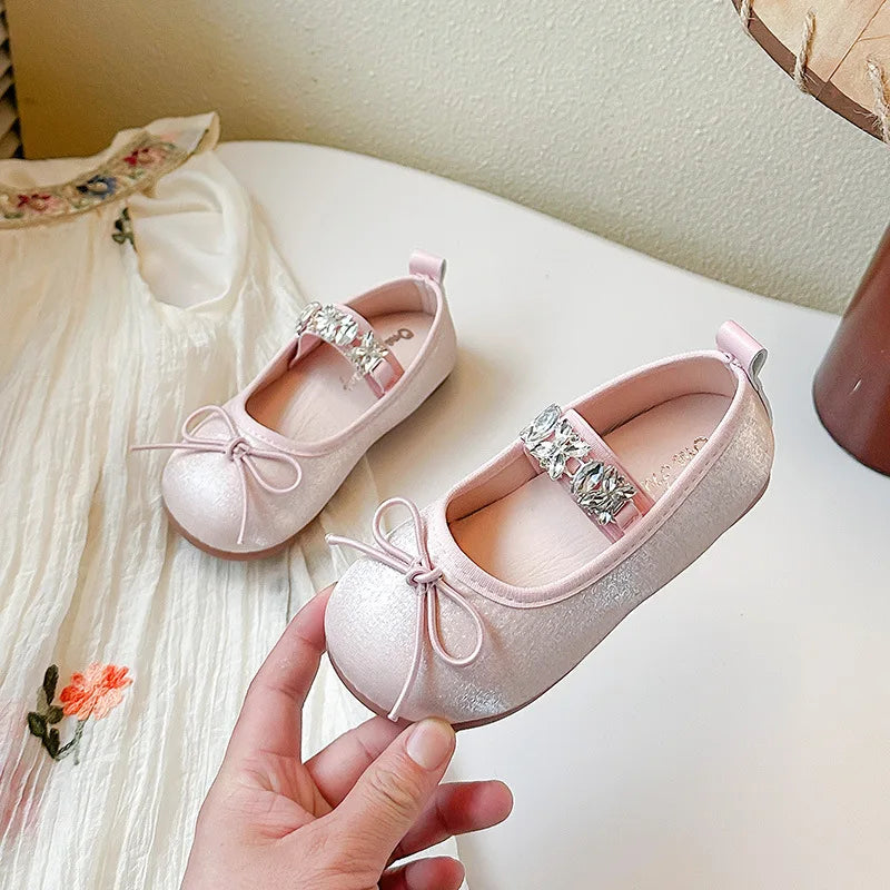 Girls' Rhinestone Princess Shoes Simple Versatile Kids Bow Leather Shoe Comfort Non Slip Girls Flat Casual Shoes