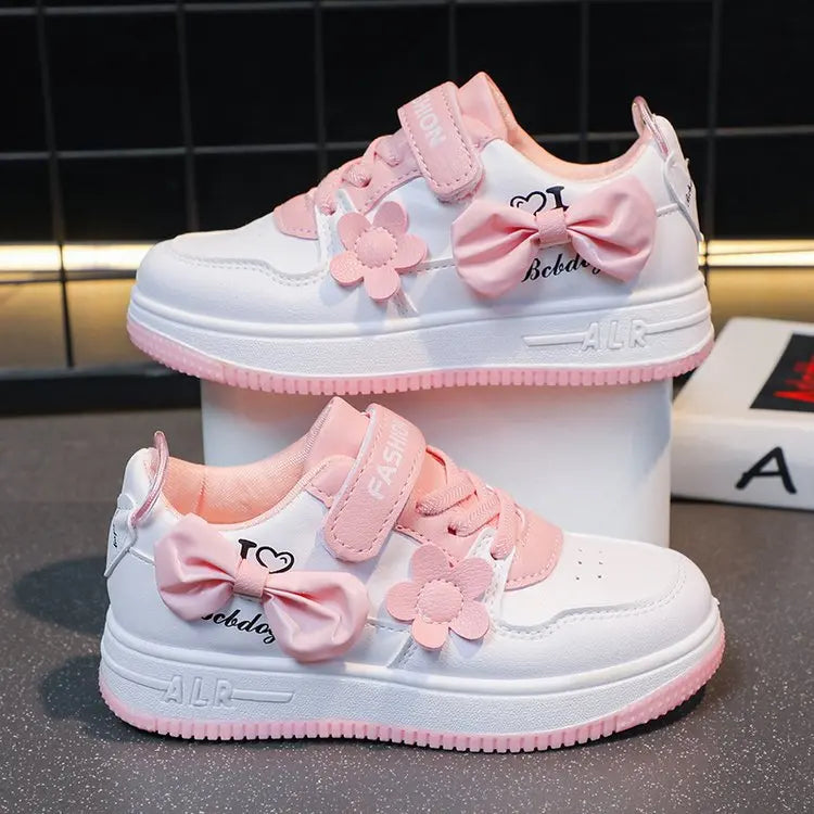 Girls Sneakers Pink Bow Decoration 3D Flowers Cute Sports Shoes Spring Autumn Breathable Casual Non-slip Outdoors Board Shoes