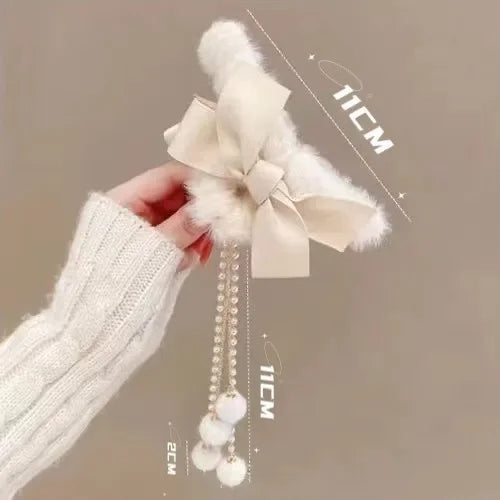 New Elegant Plush Hair Claw Plush Bow Tassel Temperament Girls Women Headdress Shark Clip Winter Accessories Hair Cute