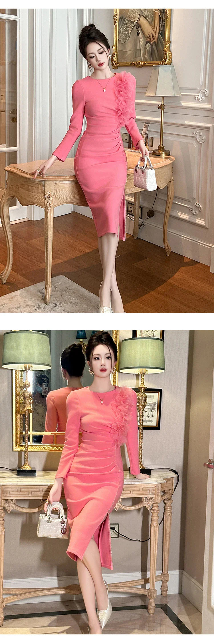 Banquet Evening Dress Women Elegant Style Flower Beading Folds Slit Robe Female Party Prom Vestidos Catwalk Gown