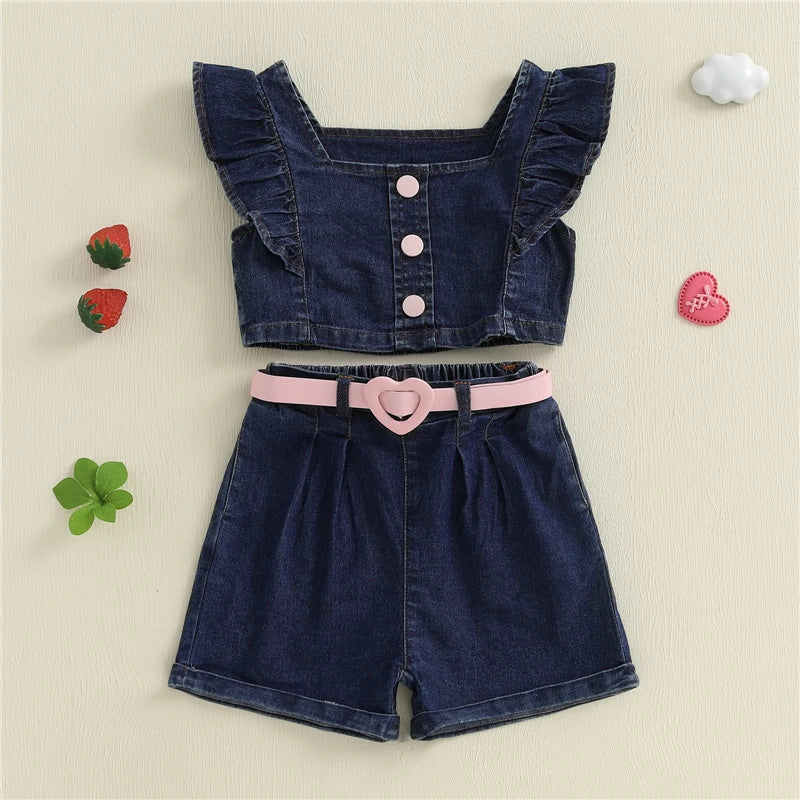 Baby Girls Summer Outfits Fly Sleeves Denim Tank Tops and Elastic Denim Shorts with Belt Set Fashion Children Kids Clothes