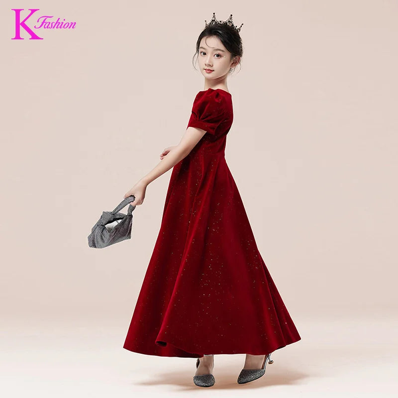 Kids Party Dress Clothing For Birthday Princess  Wine Red Piano Wedding Flower Girl Host Children's Formal Dress
