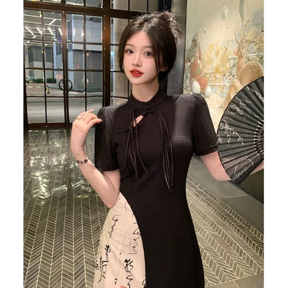 New Chinese Style High Grade Irregular Calligraphy Half Body Dress Fashion Qipao Two Piece Set Skirt Women's Summer Hanfu Suit