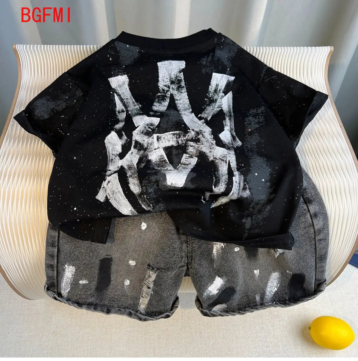 New Boys Fashion Summer Cotton Letter Printing T-shirts+Graffiti Denim Shorts 2pcs Set Kids Korean Outfits Sets Children Clothes