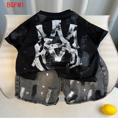 New Boys Fashion Summer Cotton Letter Printing T-shirts+Graffiti Denim Shorts 2pcs Set Kids Korean Outfits Sets Children Clothes