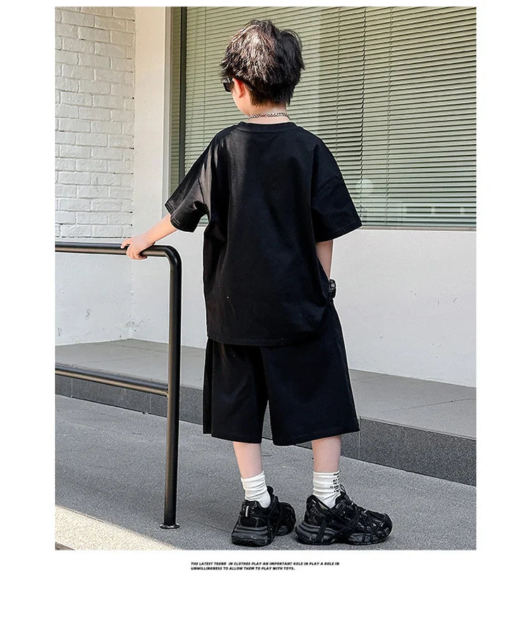 American Kids Design Double Cotton Gauze Clothing Set For Teenage Boy Casual Summer Top and Bottom Clothes Set Child Tracksuit