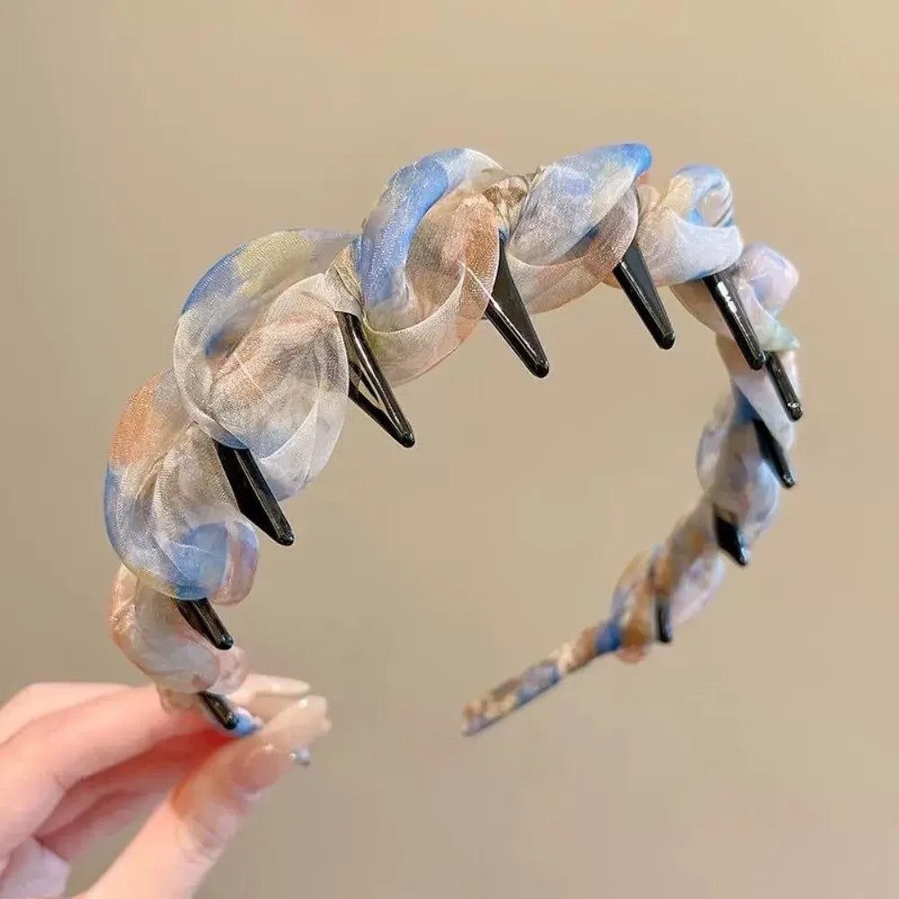 Fashion Lace Mesh Hairband Pleated U Shape Hair Comb Toothed High Cranium Hair Hoop for Women Girls