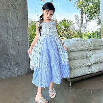 5-14Years Old Girls Dress Children Summer Sweet Beach Holiday Gown Kids Dresses Teenager Sleeveless Clothing Sets