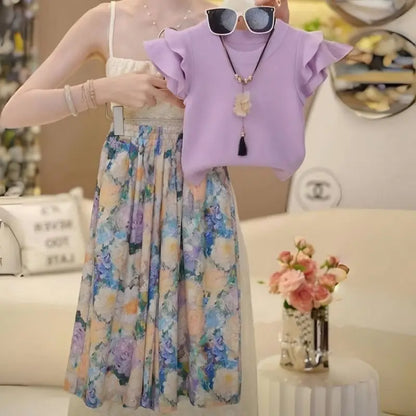 Baby Girl Summer and Spring Two Piece Set of Green Floral Pants with Flying Sleeves and Top Fashion Kids Outwear Suit