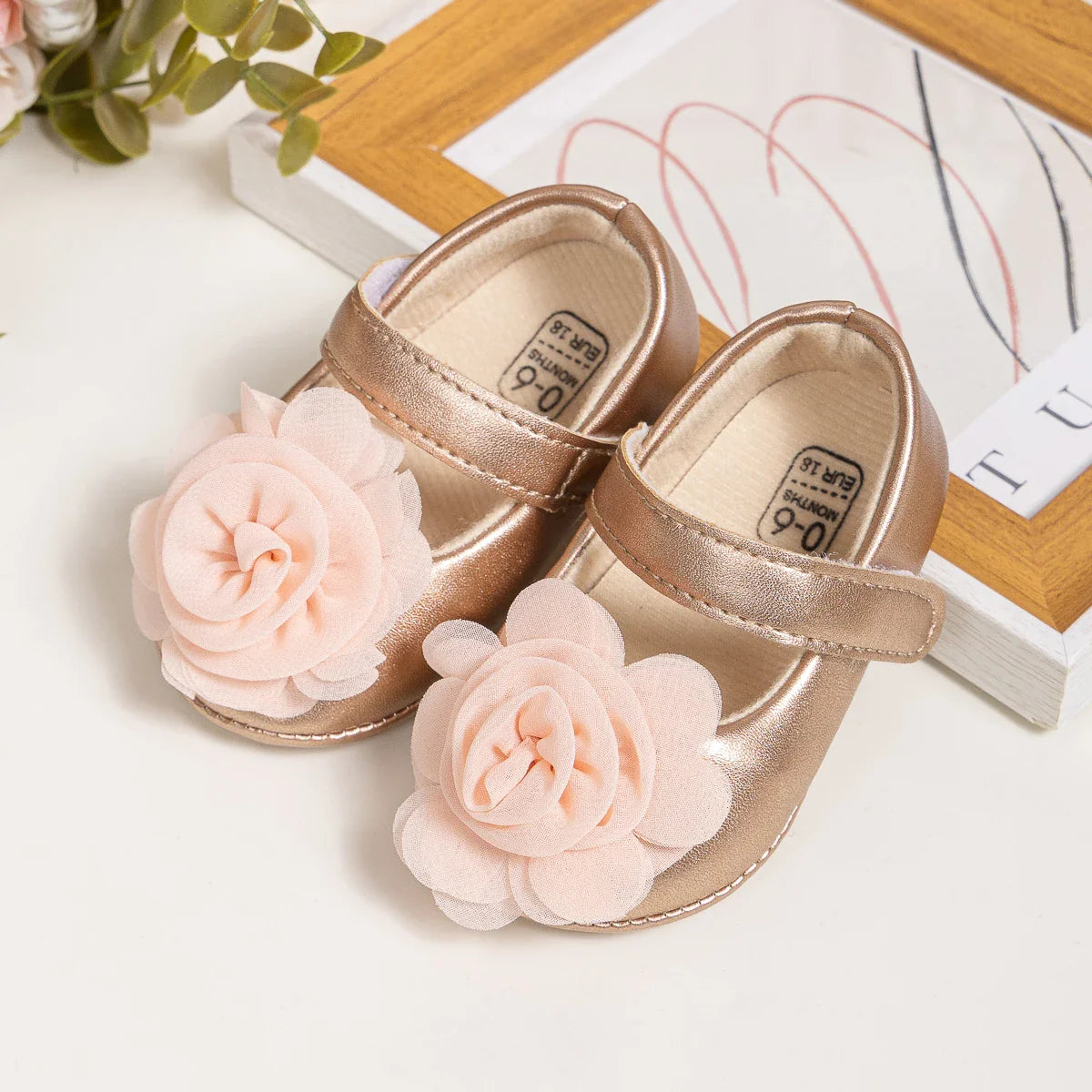 Gold Tie Cute Bow Flower Baby Princess Shoes Wedding Birthday Party Non-Slip Soft Sole Baby Toddler Shoes