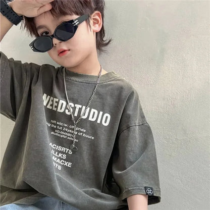 Pure Cotton Children's Short Sleeved Simple Trendy Letters Faded and Worn Half Sleeved T-shirts Boys Girls Stylish