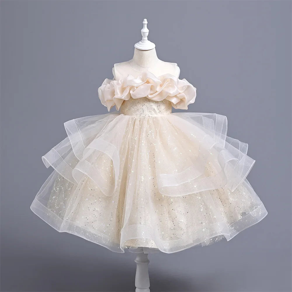 New Girl's Wedding Evening Dress Petal Sequin Mesh Sleeveless Dress Birthday Party School Graduation Party Dress