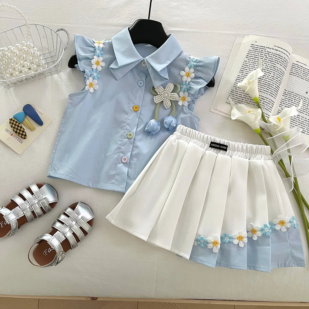 Summer New Baby Floral Short Sleeve Puff Sleeve Top Elastic Waist Pleated Skirt Girls' Set17401