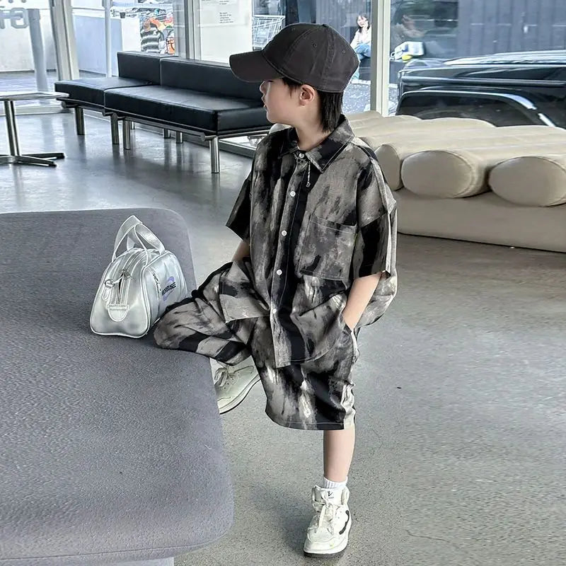 Boys Fashion Summer Tye-die Short Sleeve Shirts+Pants 2pcs Suits Years Kids Trend Streetwear Oufits Sets Children Clothing