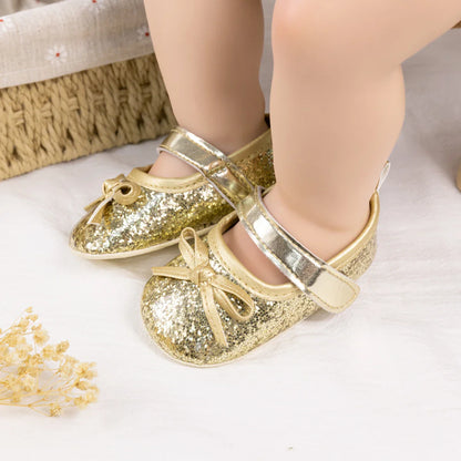 Gold Tie Cute Bow Flower Baby Princess Shoes Wedding Birthday Party Non-Slip Soft Sole Baby Toddler Shoes