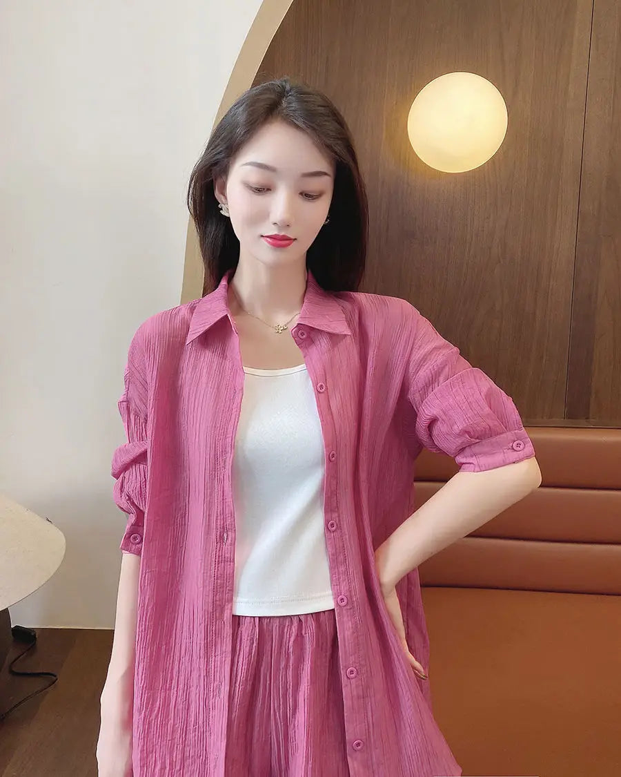 Spring and Summer Sun Protection Women's Set Stylish Loose Shirt Shorts High-end Elegant Women's Three Piece Set