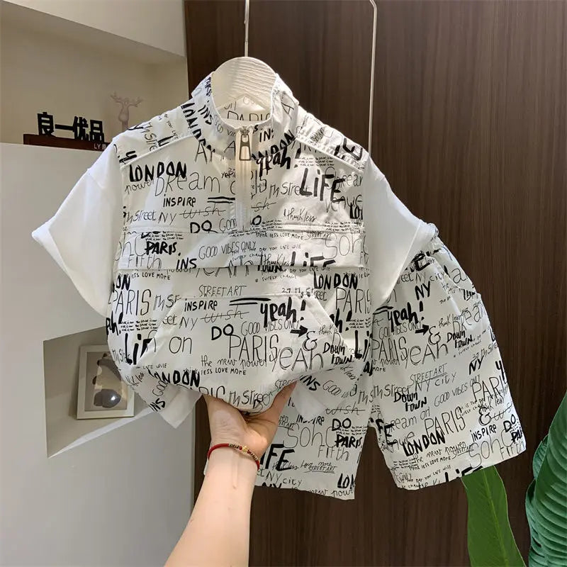 Korean Boys Summer Children's Top and Bottom 2PC Sets Short Sleeve T-Shirt & Denim Shorts Kids Clothes 1-7 Years Black Toddler