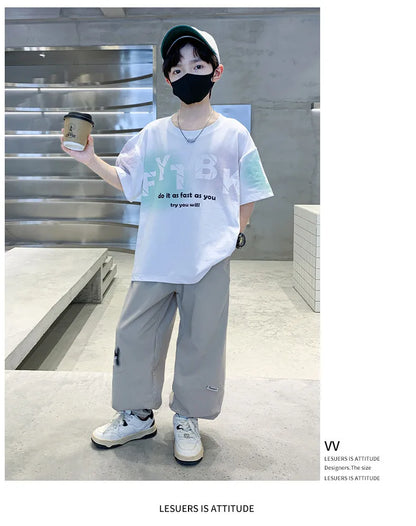 Teenager Boys Clothes Casual Outfit Kids Gradient Tracksuit Child t shirt + ankle tie pant