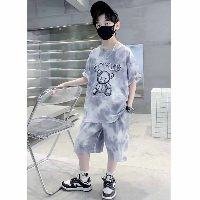 Boys Sports Suit Summer Cartoon Sets New Children's Short-Sleeved T-Shirt Shorts  Kids Fashion Loose Clothes Outfit