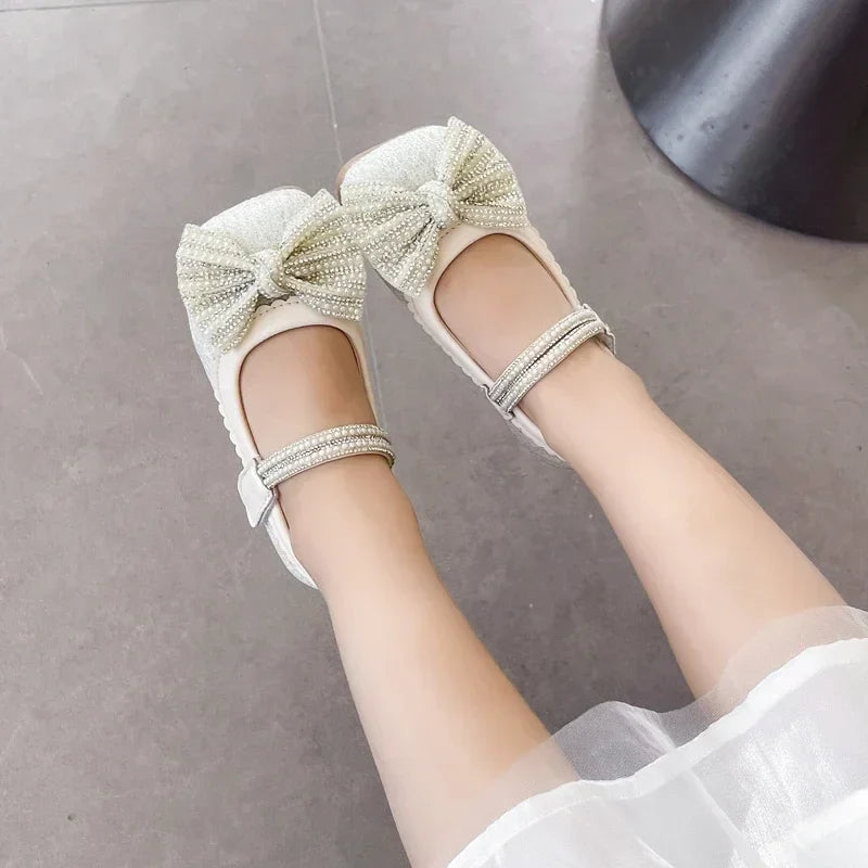 Children's Leather Shoes Bling Sequins Bowknot Princess Shoes for Girls Sweet Chic Kids Causal Wedding Shallow Versatile