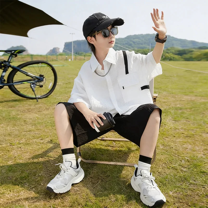 New Children Summer Thin Short Sleeved Shirt Shorts Two Piece Set Children Stylish Clothing Trend