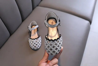 Children Spring Summer Korean Version Dance Shoes Girls Pearl Show Shoes Girl Rhinestone Princess Lace Leather Shoes Solid Color