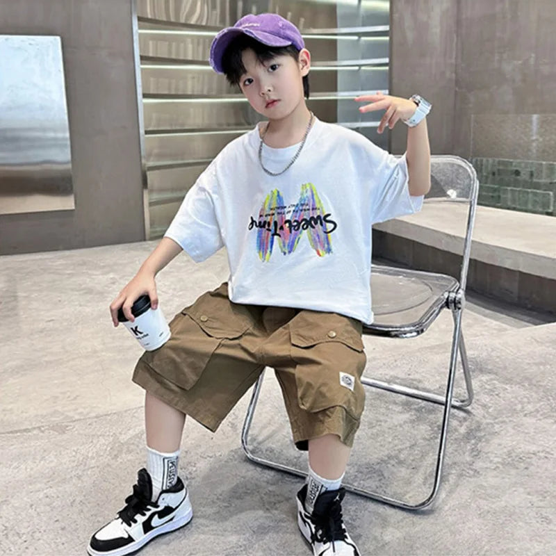 Boys Summer Clothing Sets Big Children Short-sleeved Top+Shorts Suits 2025 New Teenager T-shirt Loose Sports 2Pcs Outfits 4-14Y