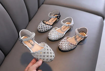 Children Spring Summer Korean Version Dance Shoes Girls Pearl Show Shoes Girl Rhinestone Princess Lace Leather Shoes Solid Color