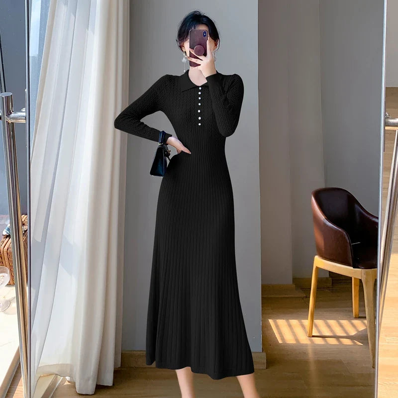 Sweater Dress Women New  Autumn Winter Purple White Or Black High Waist A Line Dress Elegant Long Knitted Dress