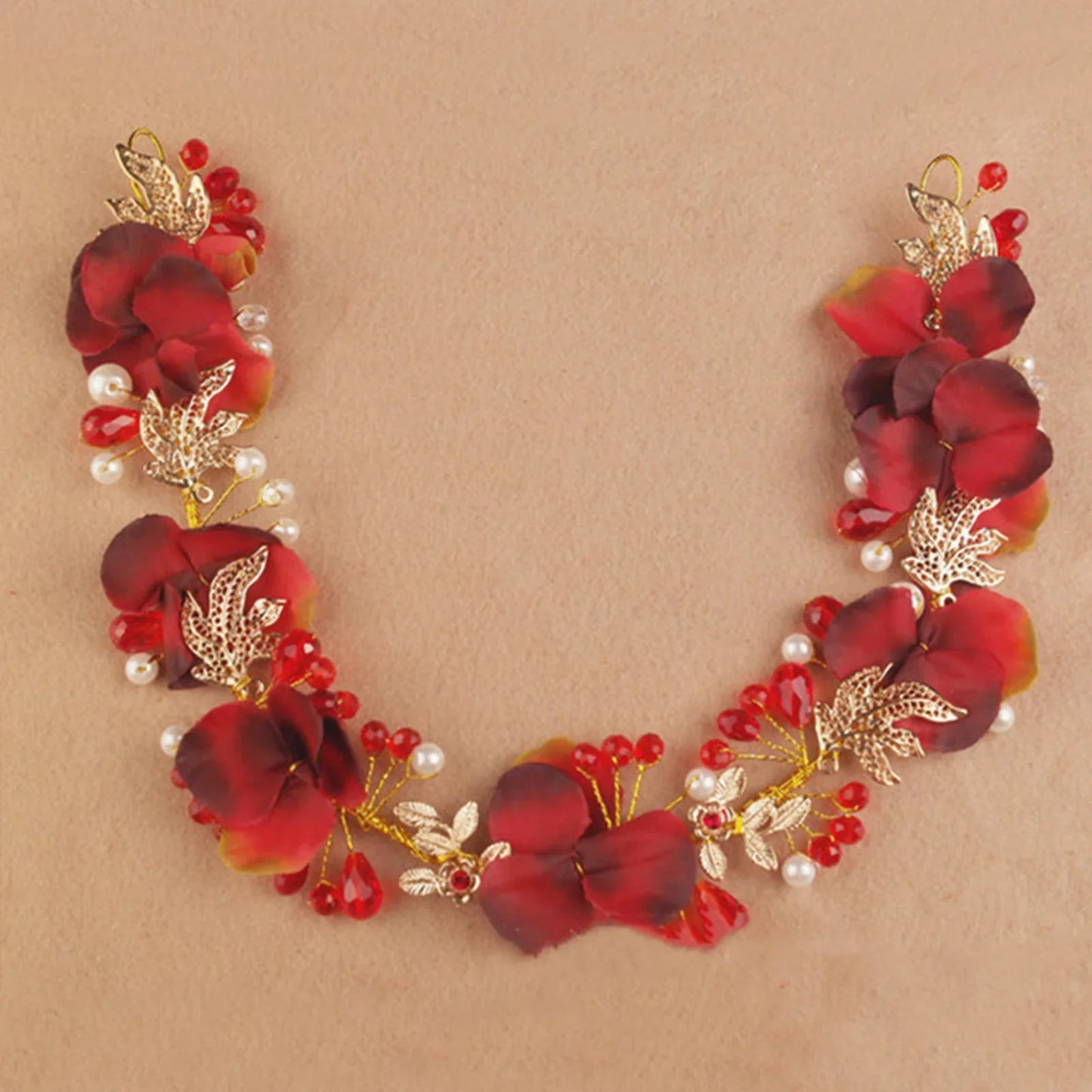 Artificial Flower Hairband Wedding Tiaras For Women Red Floral Pearl Headband Elegant Girls Hair Hoop Bridal Headwear Jewelry