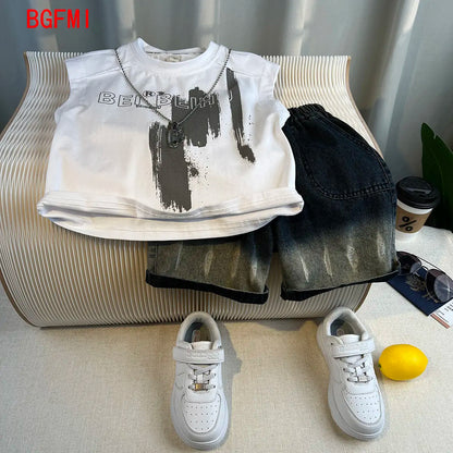 Hot Sale Fashion Baby Boy Suit Summer Clothes Short Sleeve T-shirt Short Jeans 2 Piece Set Kids Outfit Children's Costume