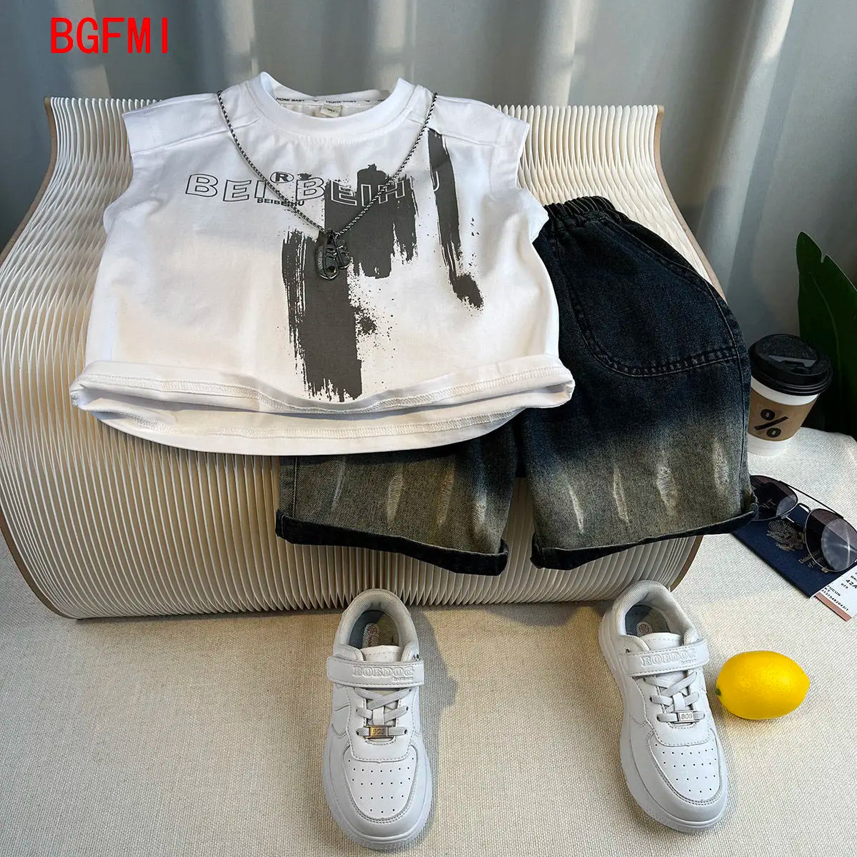 New Boys Fashion Summer Cotton Letter Printing T-shirts+Graffiti Denim Shorts 2pcs Set Kids Korean Outfits Sets Children Clothes