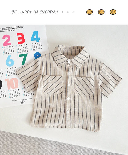 Set Children Unisex Summer New Style Cotton Stripe Pocket Shirt Polo Collar Shourts Fashion Casual Brief Versatile Korean
