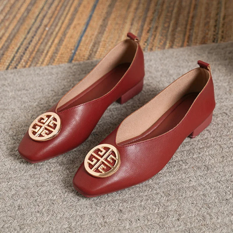 Women's square toe low heels solid color retro Casual flat shoes