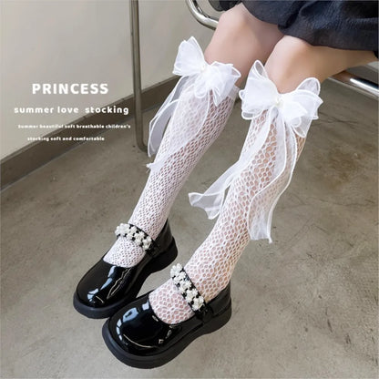 Thin Lolita bow girls' stockings in summer lace bud stockings Japanese princess straight calf socks