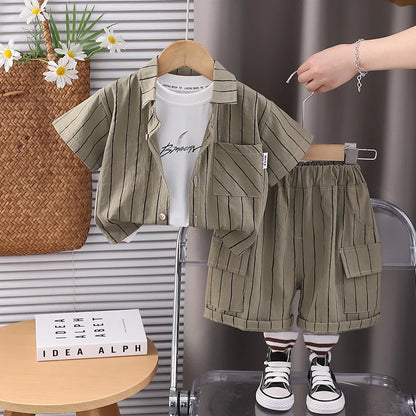 New Fashion Soft and Comfortable Children's Coffee Vertical Stripe Shirt Shorts Three-piece Set Kids Clothes Boys