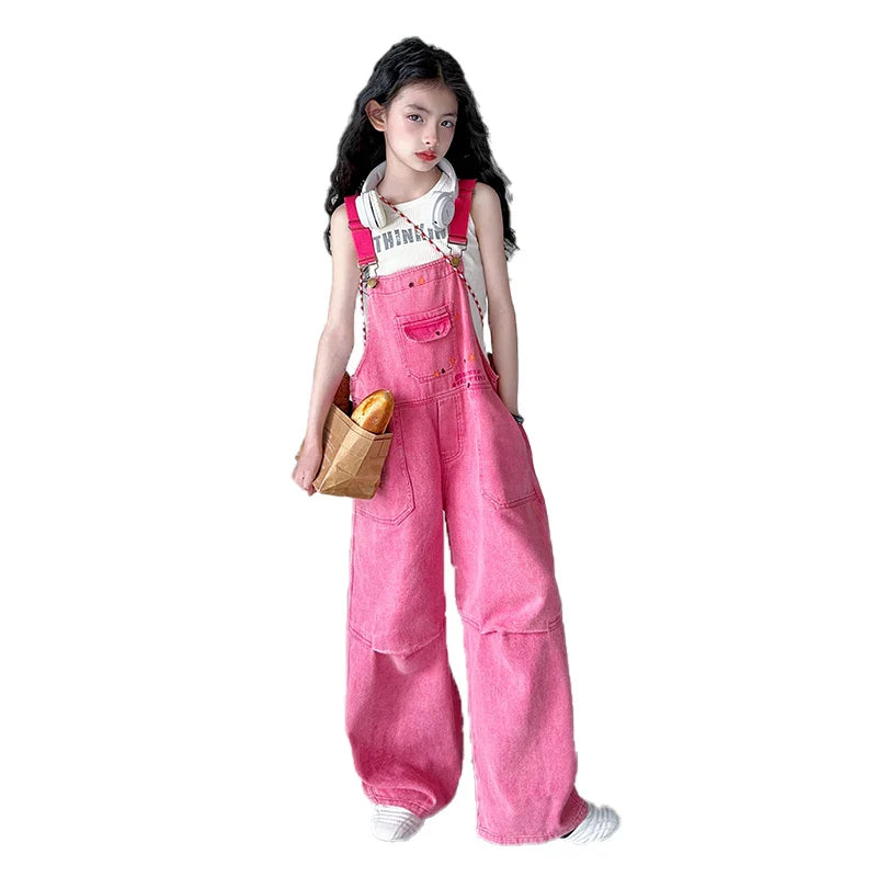 Luxury Kids Pink Denim Dungarees Bib Jeans for Teens Girl Casual Suspender Jumpsuit Child Fashion Jeans Overalls