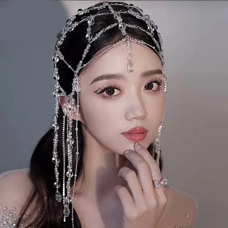 Bridal Beauty Waterdrop Headdress Crystal Forehead Chain Women Hair Jewelry Wedding Accessories Tassel Tiaras Crowns
