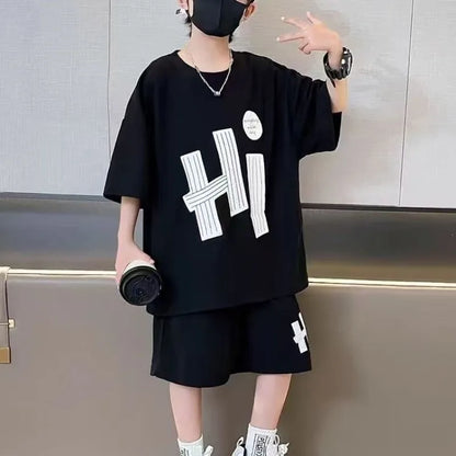 New Boys Sport Clothing Sets Summer Big Kids Loose Clothes Suit Short Sleeve Tops+Shorts 2Pcs Children Fashion Handsome Outfits