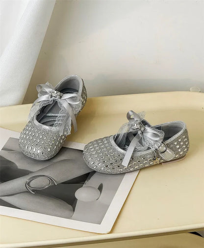 Children Shoes For Girls Leather Bow Rhinestone Princess Shoes Soft Sole Outdoor Fashion Kids Sneakers EU 26-33