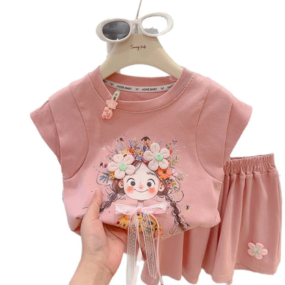 Korean Fresh Style Summer Set Cute Short Sleeve Top & High-Waist Shorts for Girls, 2-Piece Outfit
