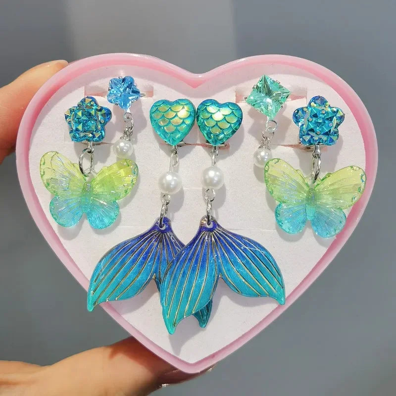3pair Cute Children Ear Clip Earrings for Girl Without Ear Holes Sweet Mermaid Baby Ear Clip Set