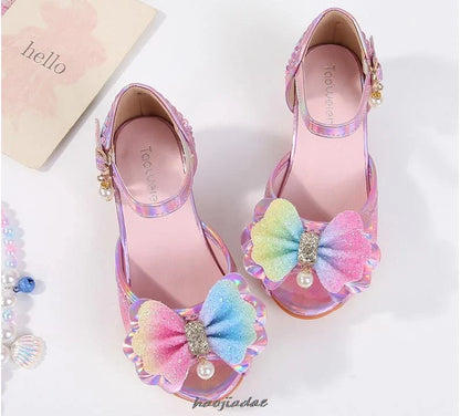 Summer High Heels Shoes for Girls Pageant Kids Sandals Child Mary Jane Shiny Princess Party Dress Up Shoes Purple Gold Pink Blue