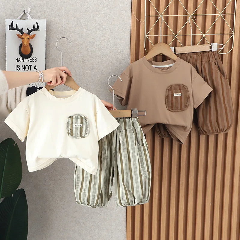 Summer Kid's Clothing Sets Boys' Short Sleeve Outfit Vertical Stripes T-shirt Pants 2Pcs Trendy Children's Costume Stylish