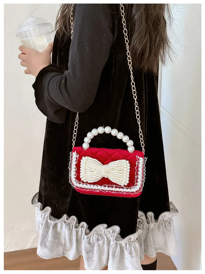 Sweet Bow Children's Small Square Shoulder Bag Sequin Lace Princess Girls Crossbody Bags Pearl Handle Coin Purse Handbags Gifts
