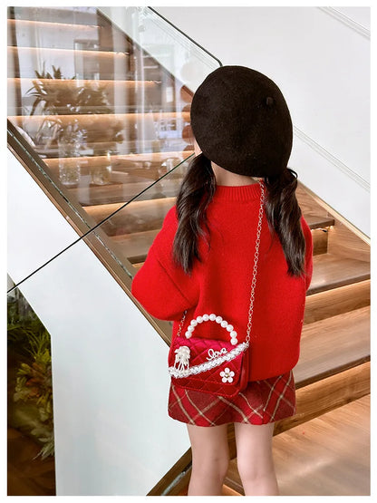 Sweet Bow Children's Small Square Shoulder Bag Sequin Lace Princess Girls Crossbody Bags Pearl Handle Coin Purse Handbags Gifts