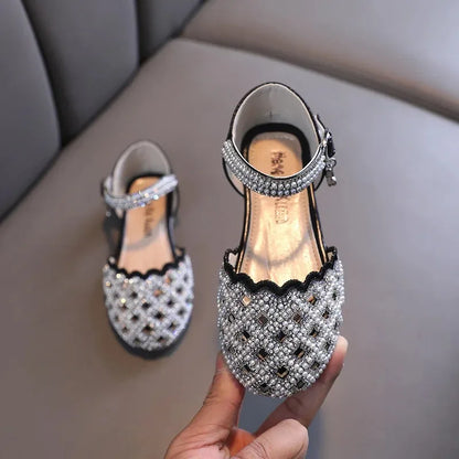 Children Spring Summer Korean Version Dance Shoes Girls Pearl Show Shoes Girl Rhinestone Princess Lace Leather Shoes Solid Color