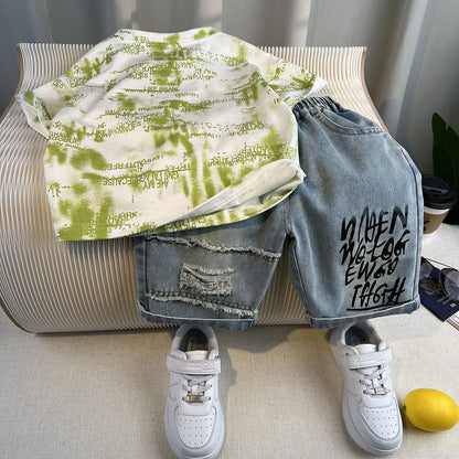 New Boys Fashion Summer Cotton Letter Printing T-shirts+Graffiti Denim Shorts 2pcs Set Kids Korean Outfits Sets Children Clothes