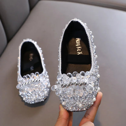 Kids Girl Shoes New Girls Princess Shoes Fashion Children Sequins Bling Bow Shoe Kid Rhinestone Non-slip Flat Shoe