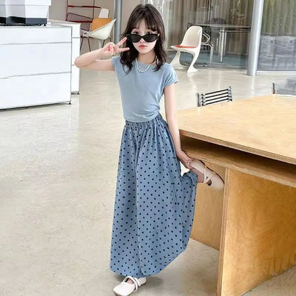 Girls set, summer children's fashion clothing, little girl wide leg pants, Korean version two-piece set, 4-12 years old